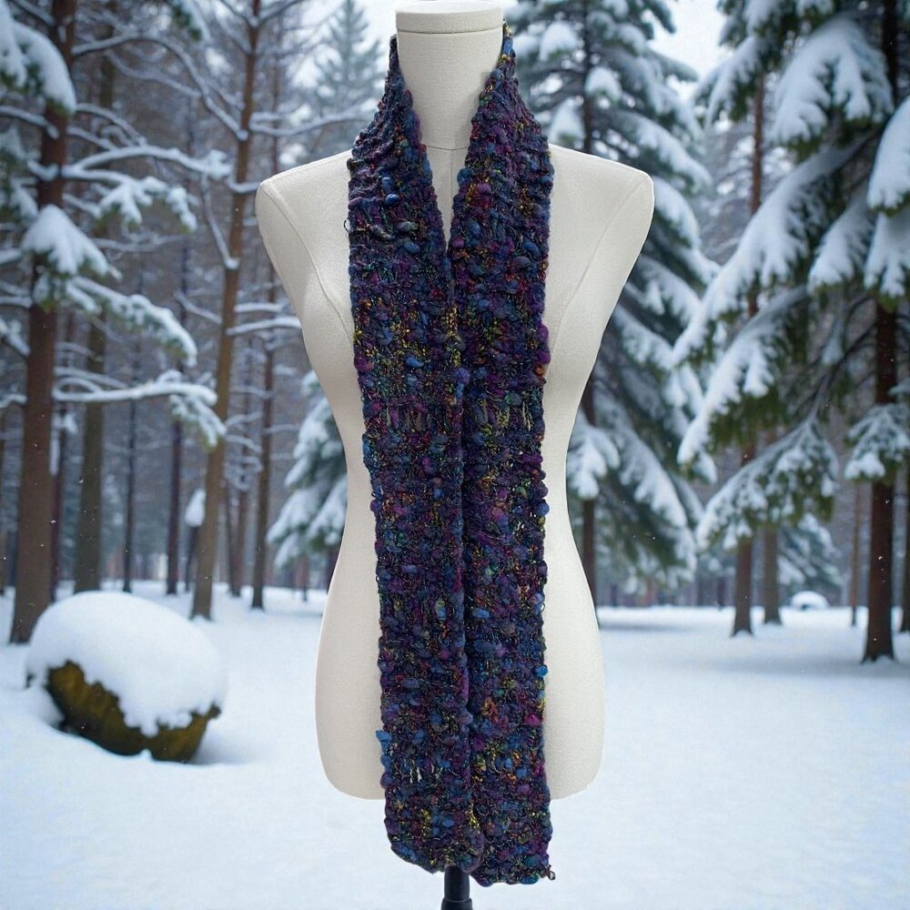 Handmade Chunky‎ Knit Scarf Multicolor Metallic Purple 60x35 Cozy Festival Artsy